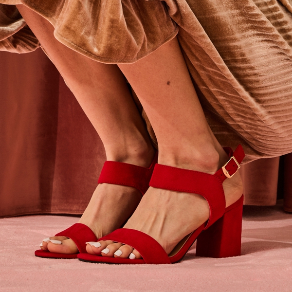 High Heel Square Toe Chunky Strap Sandals - RED SUEDE - 1